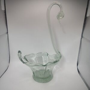 Vintage Hand Blown Light Green with Bubbles Art Glass Swan Crackle Bottom Heavy